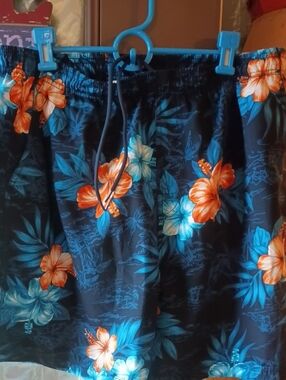 Men's Floral Swim Trunks - Black with Blue & Orange Hibiscus